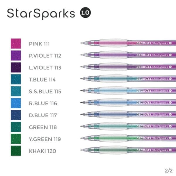 Overzicht van de karin decogel gelpennen star sparks collectie 2/2