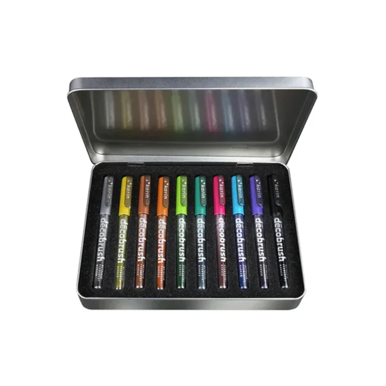 Het vooraanzicht van de verpakking van de karin decobrush metallic set collectie