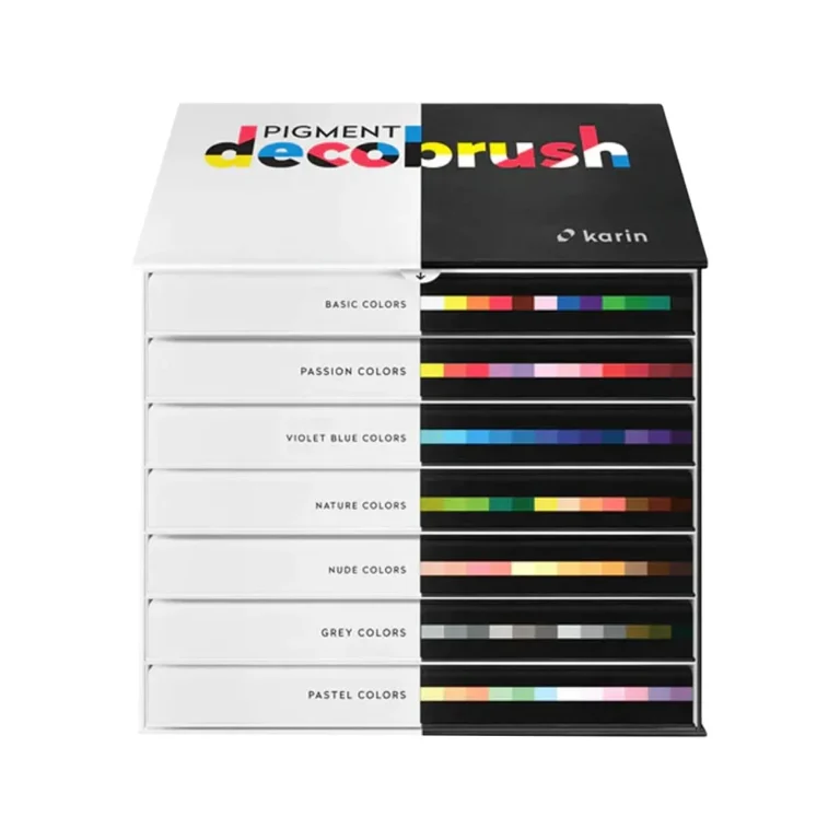 Het vooraanzicht van de verpakking van de karin pigment decobrush master set collectie
