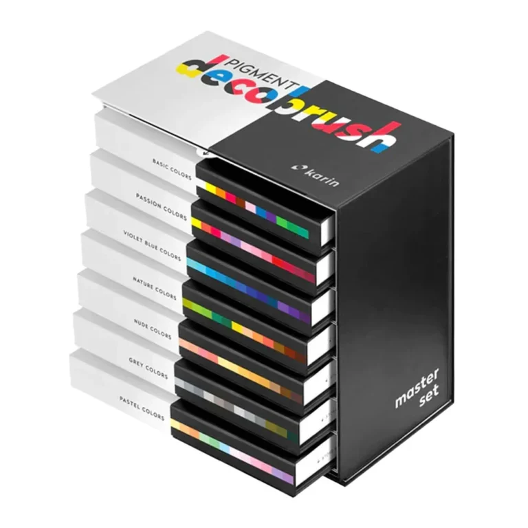 Het zijaanzicht van de verpakking van de karin pigment decobrush master set collectie
